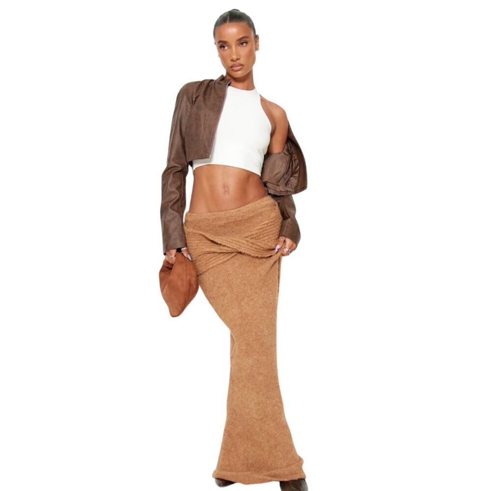 NWT PrettyLittleThing Mocha Soft Bobble Knit Foldover Maxi‎ Skirt Size S